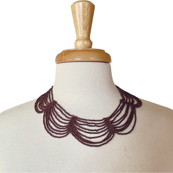 Antique Handmade Glass Seed Bead Necklace in Brown Beaded Collar Bib Necklace - Picture 2 of 8
